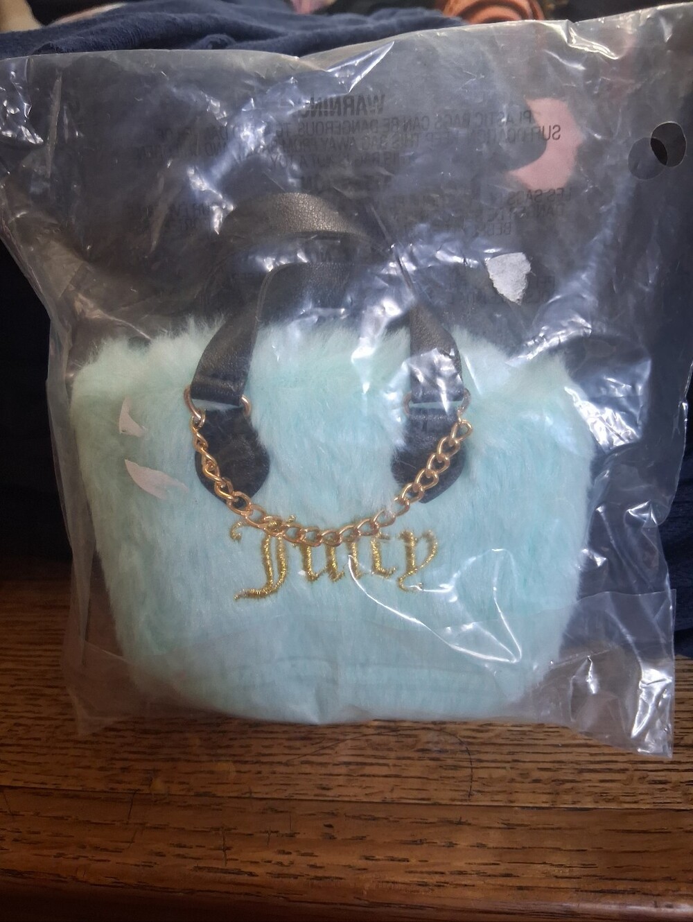 Juicy Couture Mint Faux Fur Mini Bag with Black Handles and Gold Chain